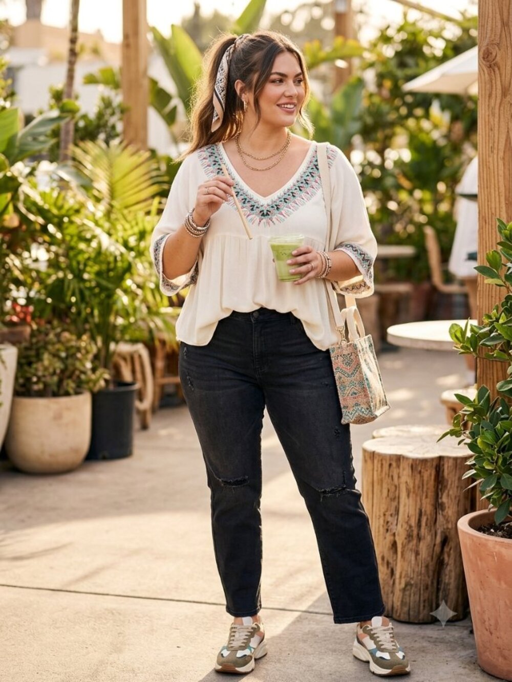 Wrangler Retro Embroidered Boho Peasant Coastal Rayon Blouse Cream Size L V-Neck